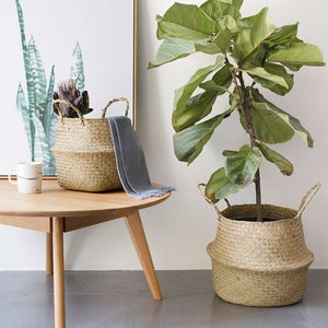 Household Foldable Natural Seagrass Woven Storage Pot Garden Flower Vase Hanging Basket With Handle Storage Bellied Basket